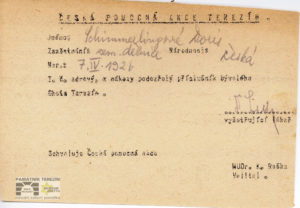 Kartotéční lístek Doris Schimmerlingové v kartotéce České pomocné akce, který obdržela po osvobození terezínského ghetta v roce 1945, 1945, APT A 12735/Kartotéka.
