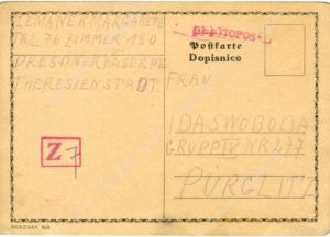 Dopisnice z ghetta Terezín od Margarete Zemanek pro Idu Svobodovou, datovaná 24. 5. 1942, se znakem cenzora, 1. strana, APT A 7859/K43/Gh.
