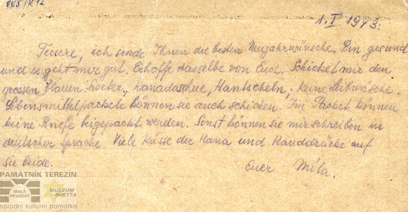 PT, A 492/1, postcard of Miloš Nedvěd to Václav Pohan from 1. 1. 1943. 