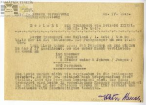 Zpráva o příjezdu transportu XXIV/1 z Holandska do terezínského ghetta v dubnu 1943. PT 11017.
