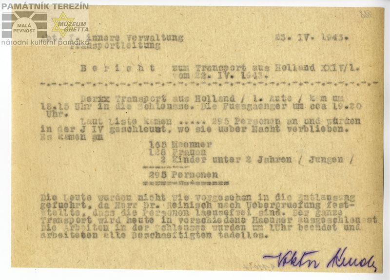 Report on the arrival of the transport XXIV/1 from Holland to the ghetto Terezin in April 1943. PT 11017.