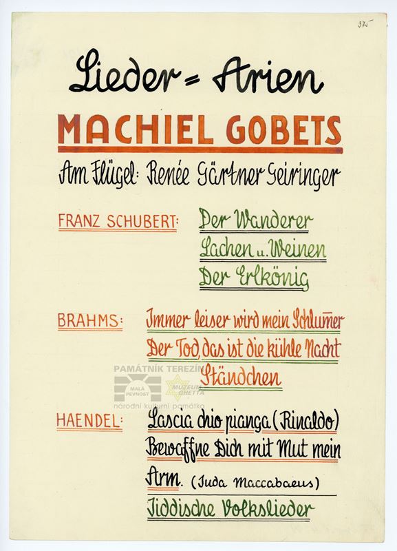 Plakátek k vystoupení Machiela Gobetse v ghettu. (Před válkou byl vynikajícím pěvcem, působil např. v královské opeře v Nizozemsku.) PT 4219, Památník Terezín, Heřmanova sbírka, © Zuzana Dvořáková